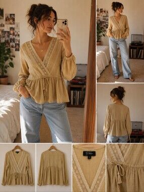 RD + Kokio Lace Accent Size Medium V-Neck  Blouse